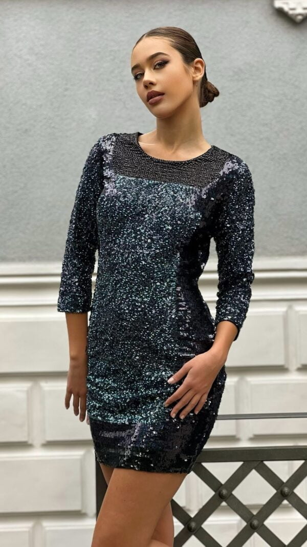 Rochie mini, din paiete cu maneca lunga, Blue sequins - sun4933