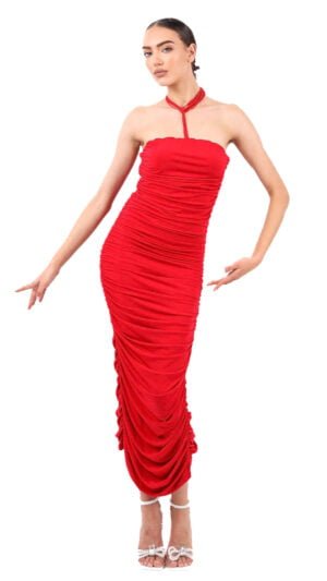 Rochie midi drapata fara bretele rosie- Red Sisly