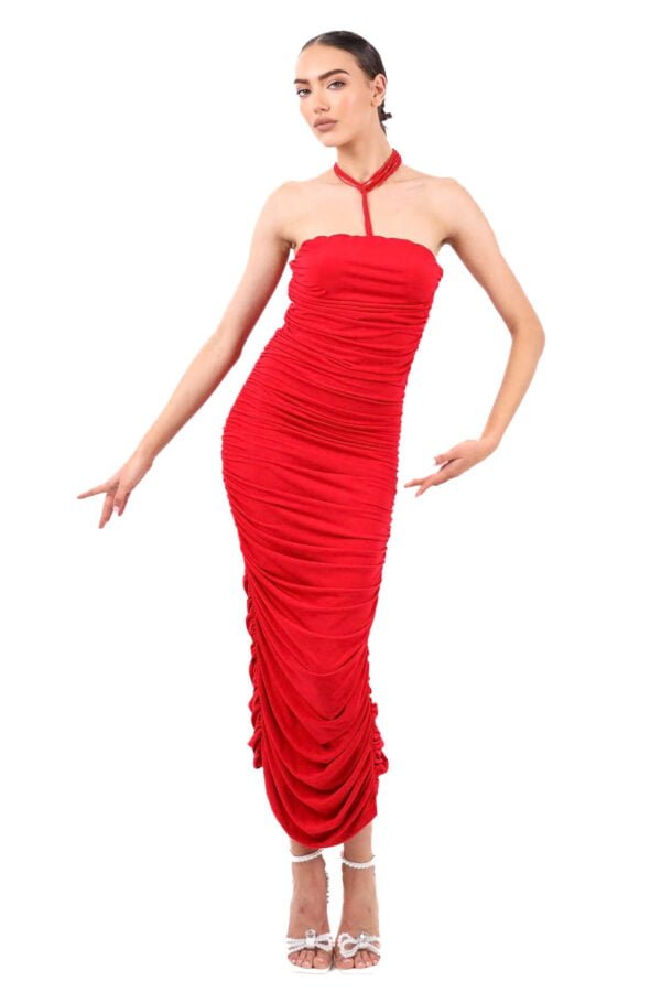 Rochie midi drapata fara bretele rosie- Red Sisly