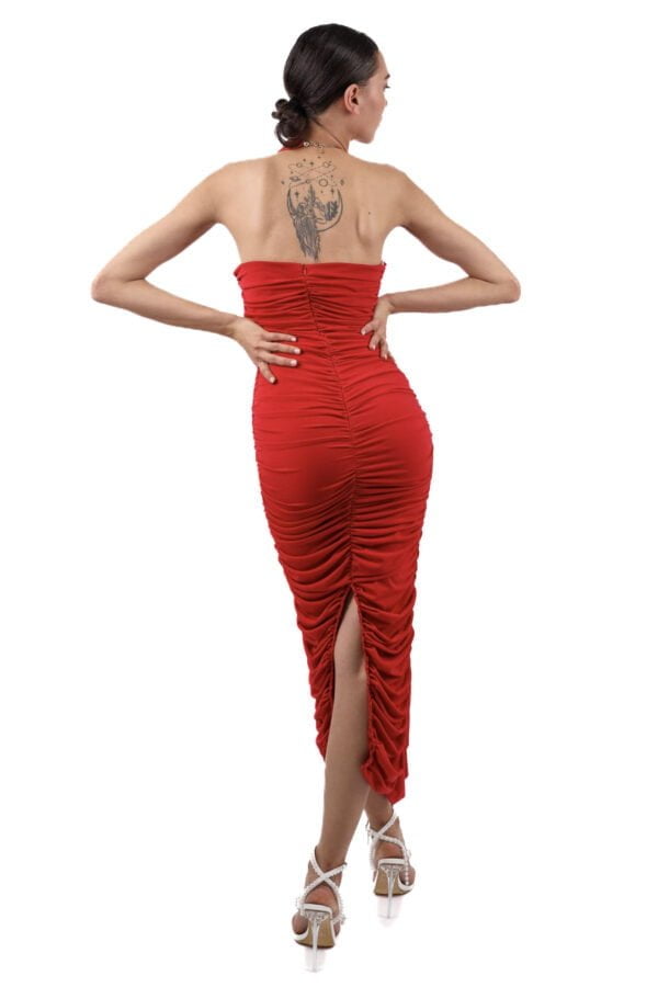 Rochie midi drapata fara bretele rosie- Red Sisly