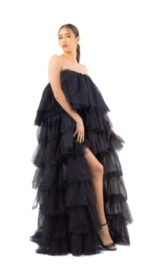 Rochie cu trena din volane de tulle - Gala Black